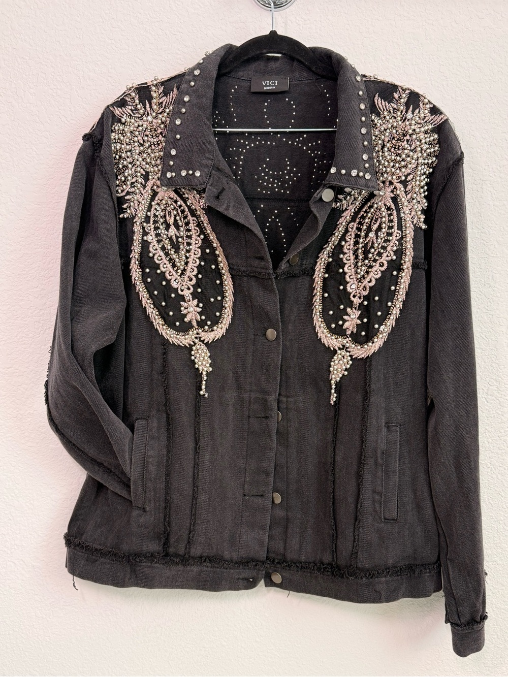 VICI Black Denim Jacket with Pearl & Crystal Embellishment size M